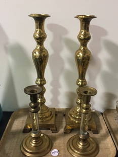 2 Pair Brass Candlesticks: largest 18"H.