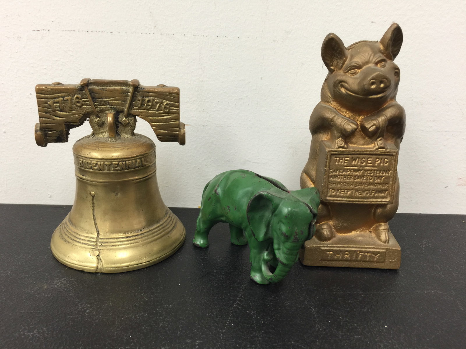 (3) Cast Iron Banks: Largest measures 7" H