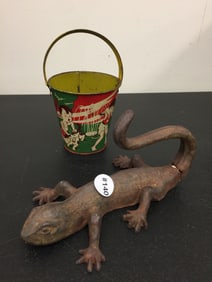 Cast Iron Lizard & Tin Pail