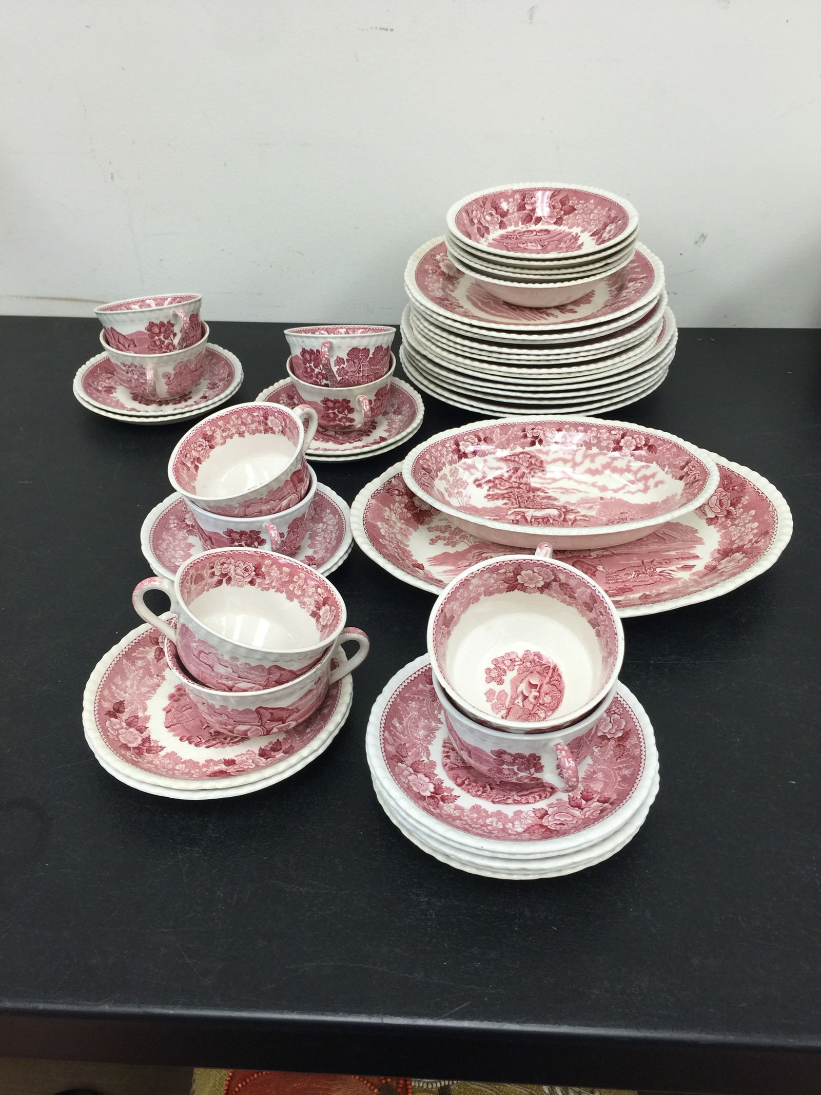 Approx. 45 Pcs Adams Staffordshire: Includes cups, saucers, dinner plates and two serving pieces. Largest 12" W.