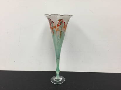 Vandermark Art Glass Vase: blown pontil, signed and numbered on base, latticino design on stem, 15"H.