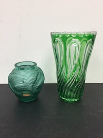 Green Cut to Clear Vase and Bird Vase