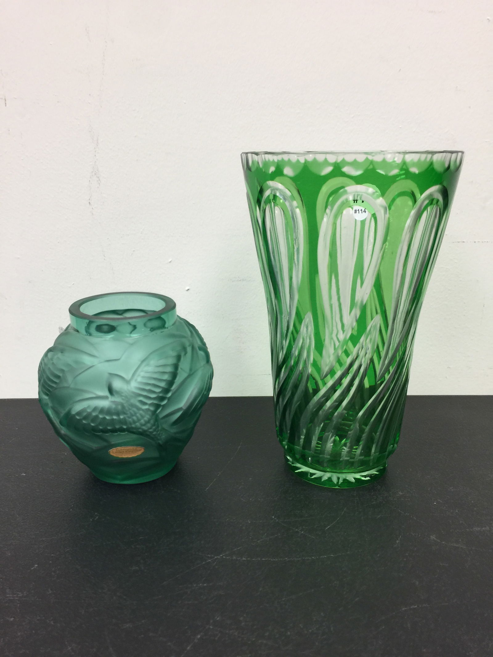 Green Cut to Clear Vase and Bird Vase (1 of 6)