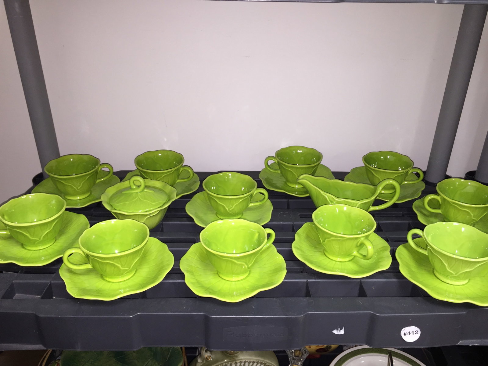 Lotus Lime Metlox Hobby Trail Vernon Pottery: 11 cups & saucers, creamer & sugar bowl.