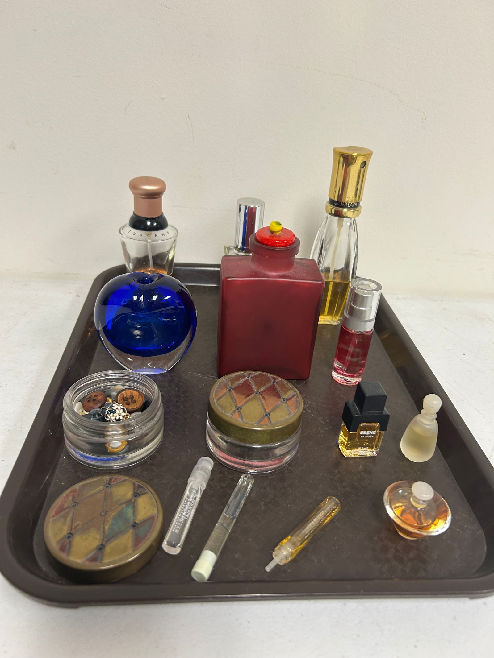 Perfume Bottles and Dresser Boxes: tallest is 6", includes Tuscany, Guerlain, pair of metal top dresser jars, and more