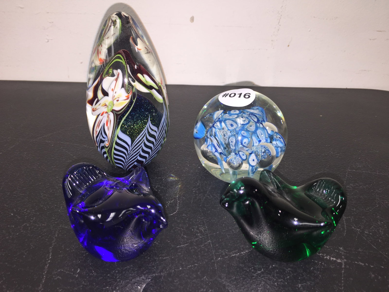 Paperweights & Art Glass Birds: Tallest paperweight 4.5". Includes a pair of colorful art glass birds.