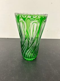 Green Cut to Clear Vase