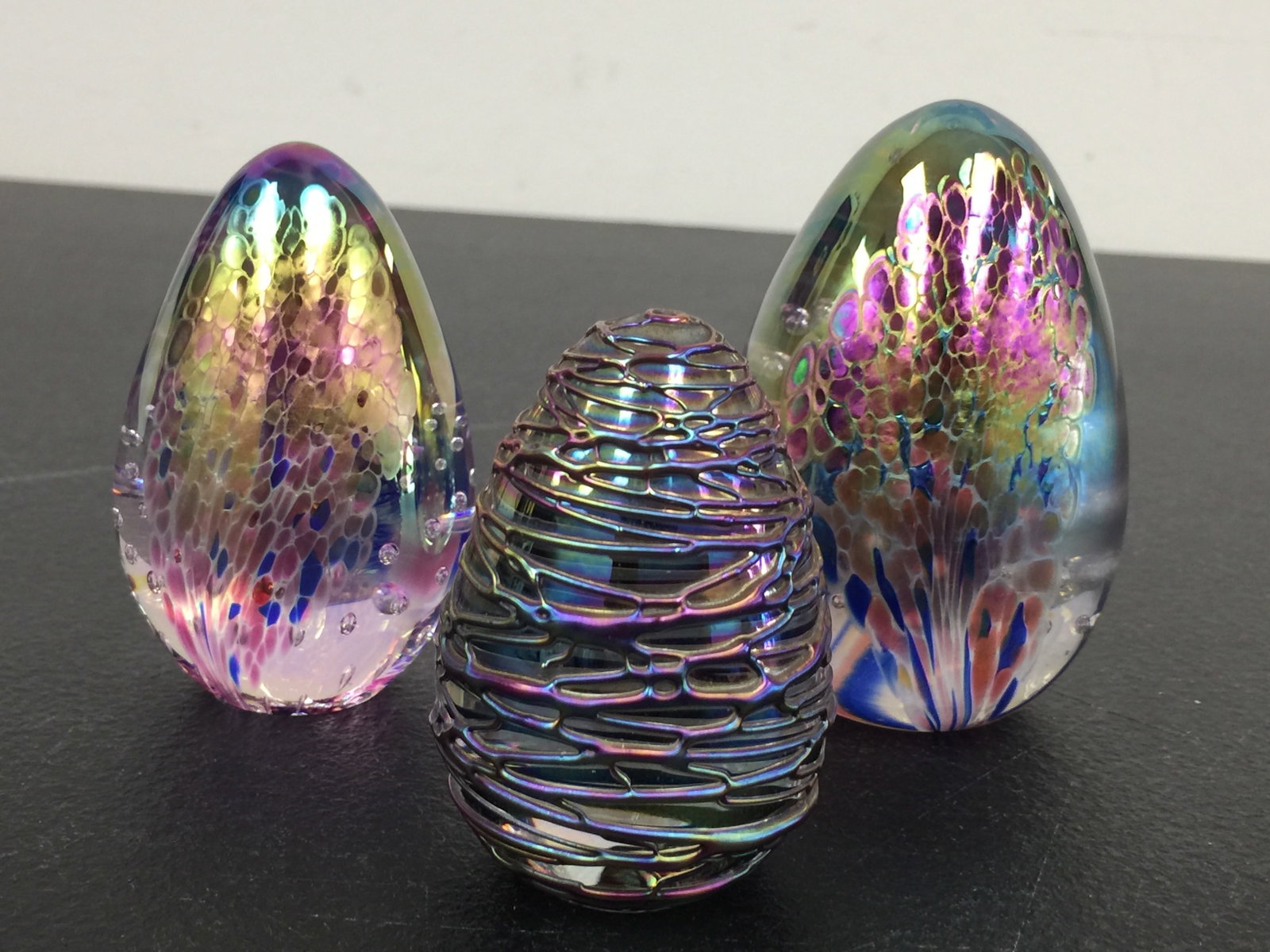 3 Glass Eye Studio Iridescent Eggs: Tallest 3" H