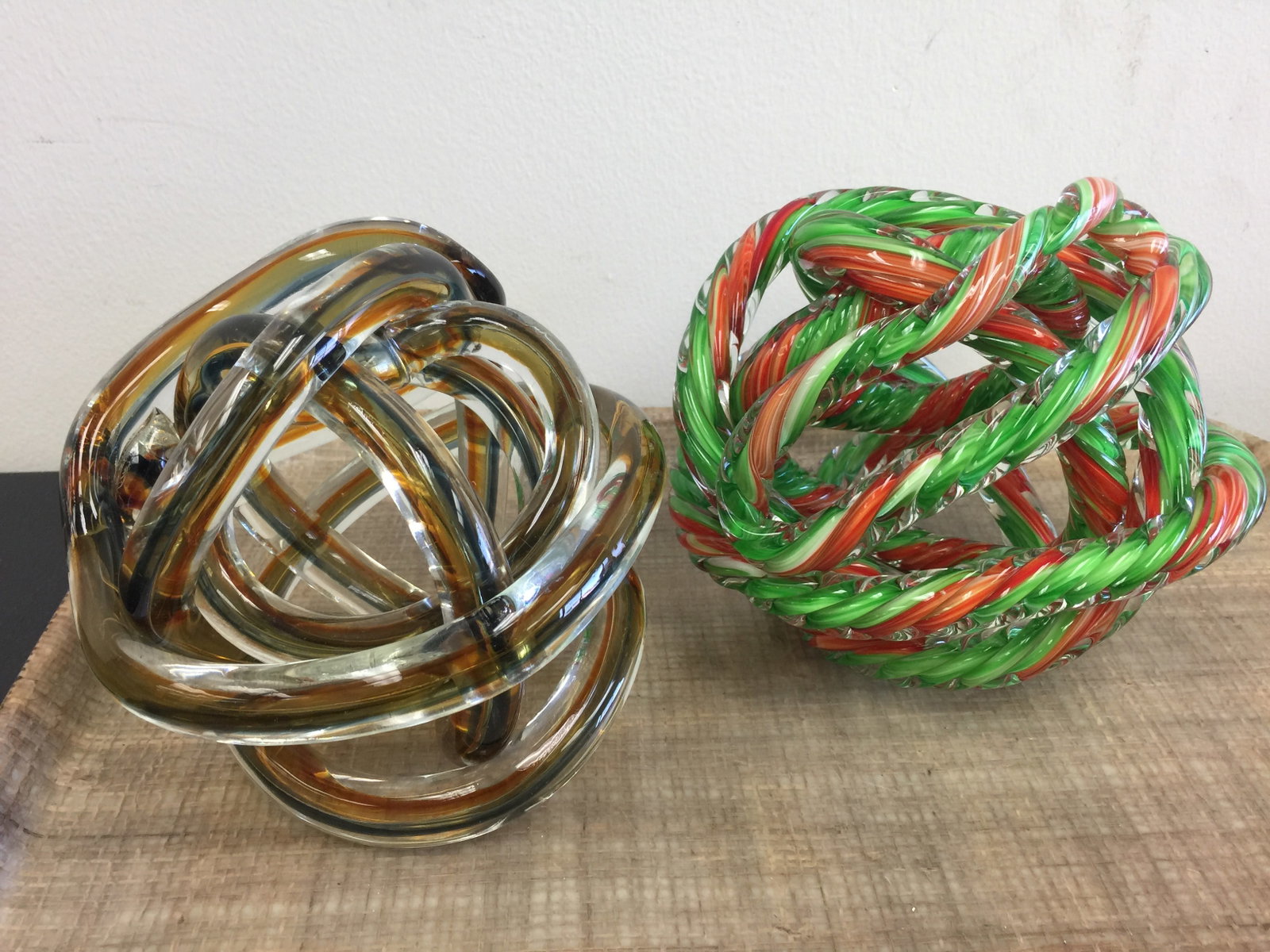 2 Art Glass Knot Sculptures: 6" round.