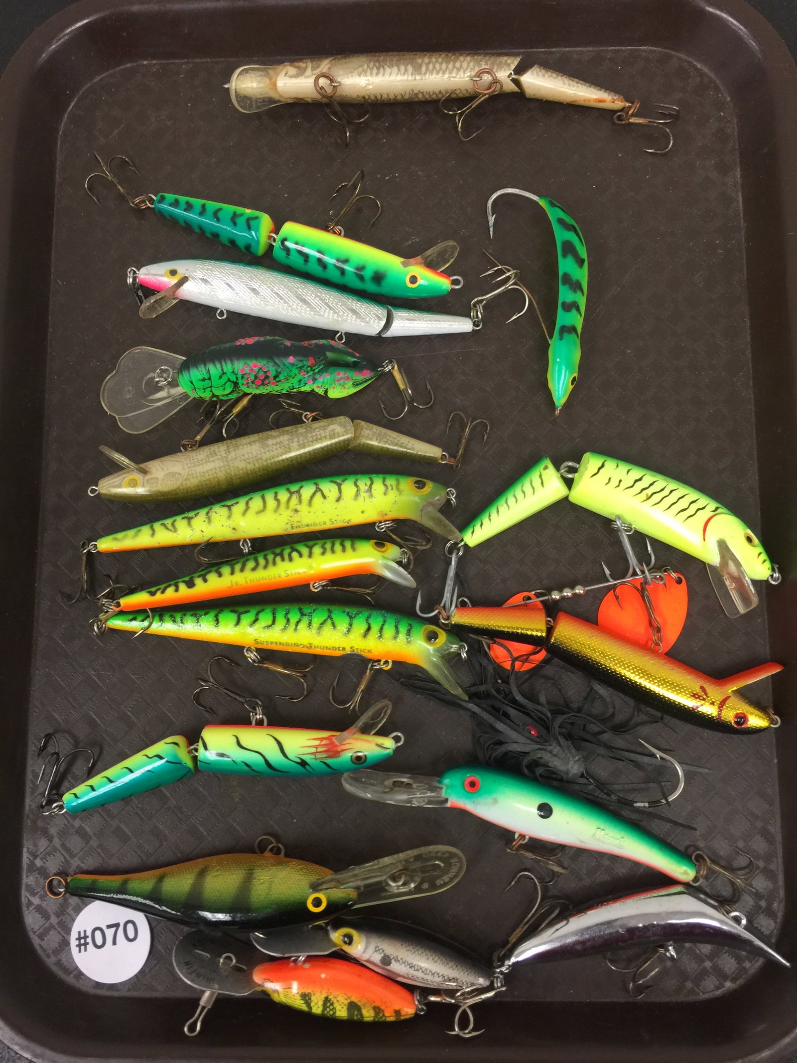 Vintage Fishing Lures: Includes Thunderstick, Mann's, Canadian Wiggler and a 6" Rebel Floater.