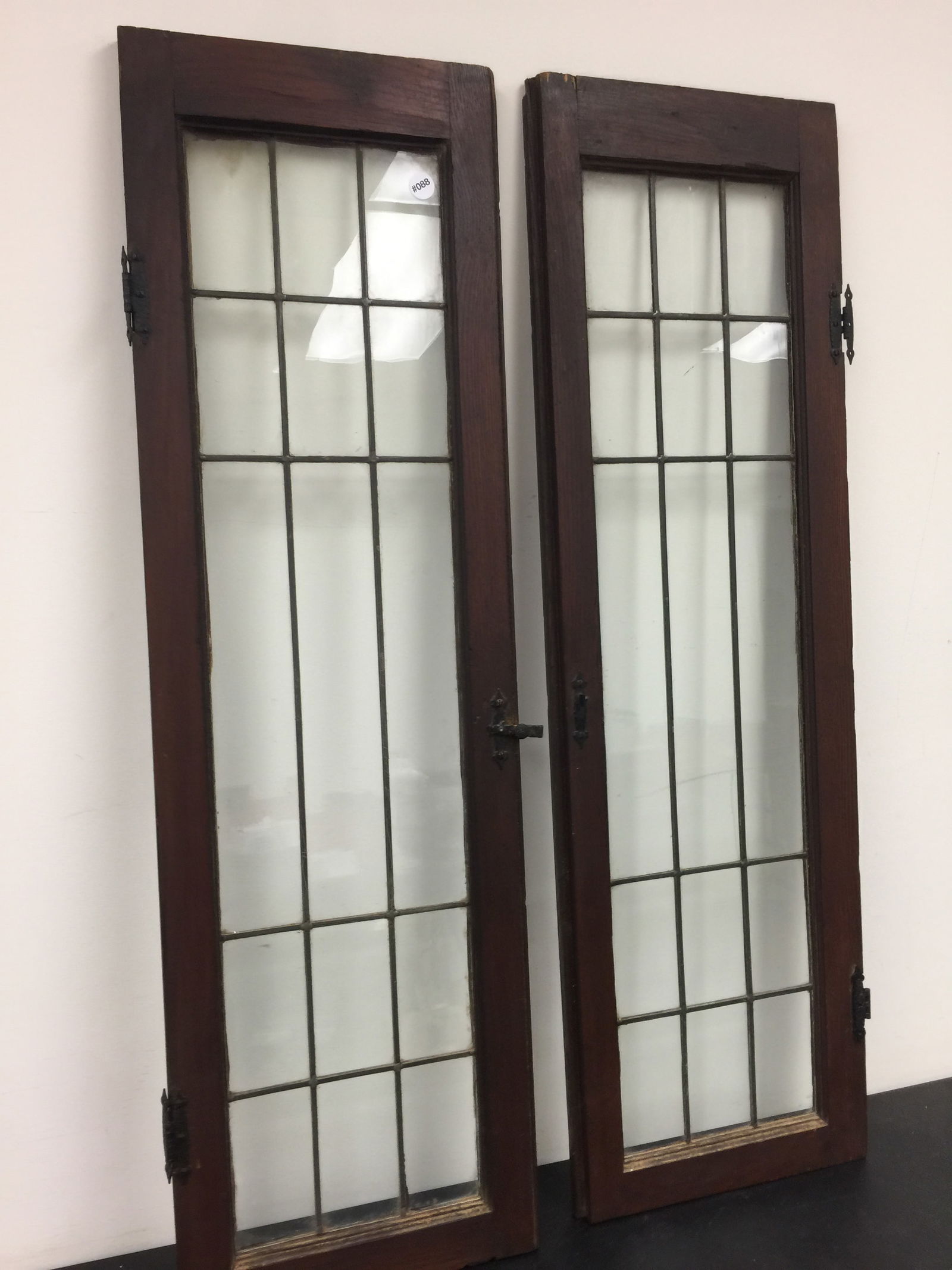 Pair of Antique Leaded Glass Doors: Oak door 14" x 47", includes original hardware.