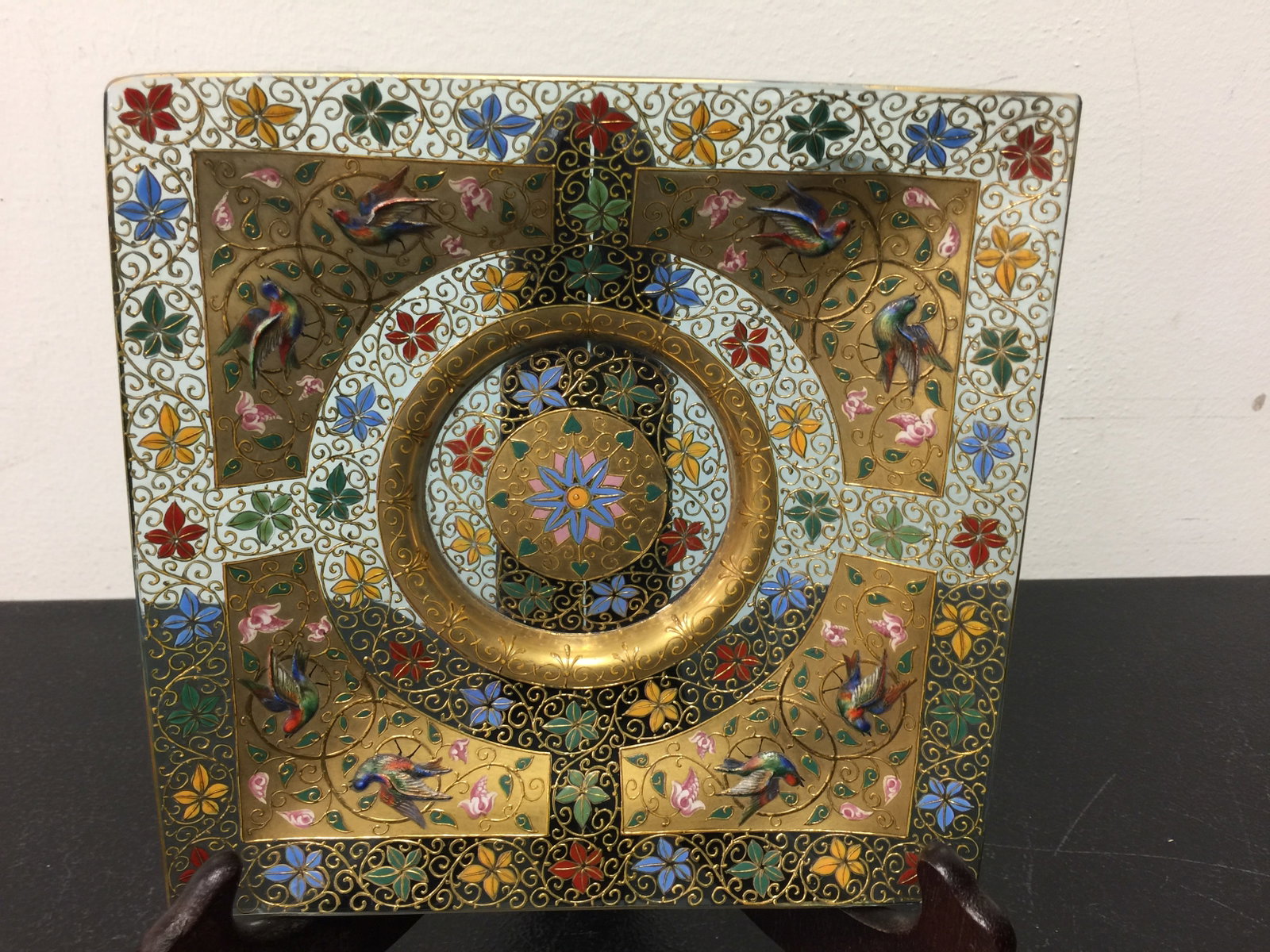 Victorian Moser Raised Enamel: Green plate with gold gilt raised bird decoration. 7" x 7".