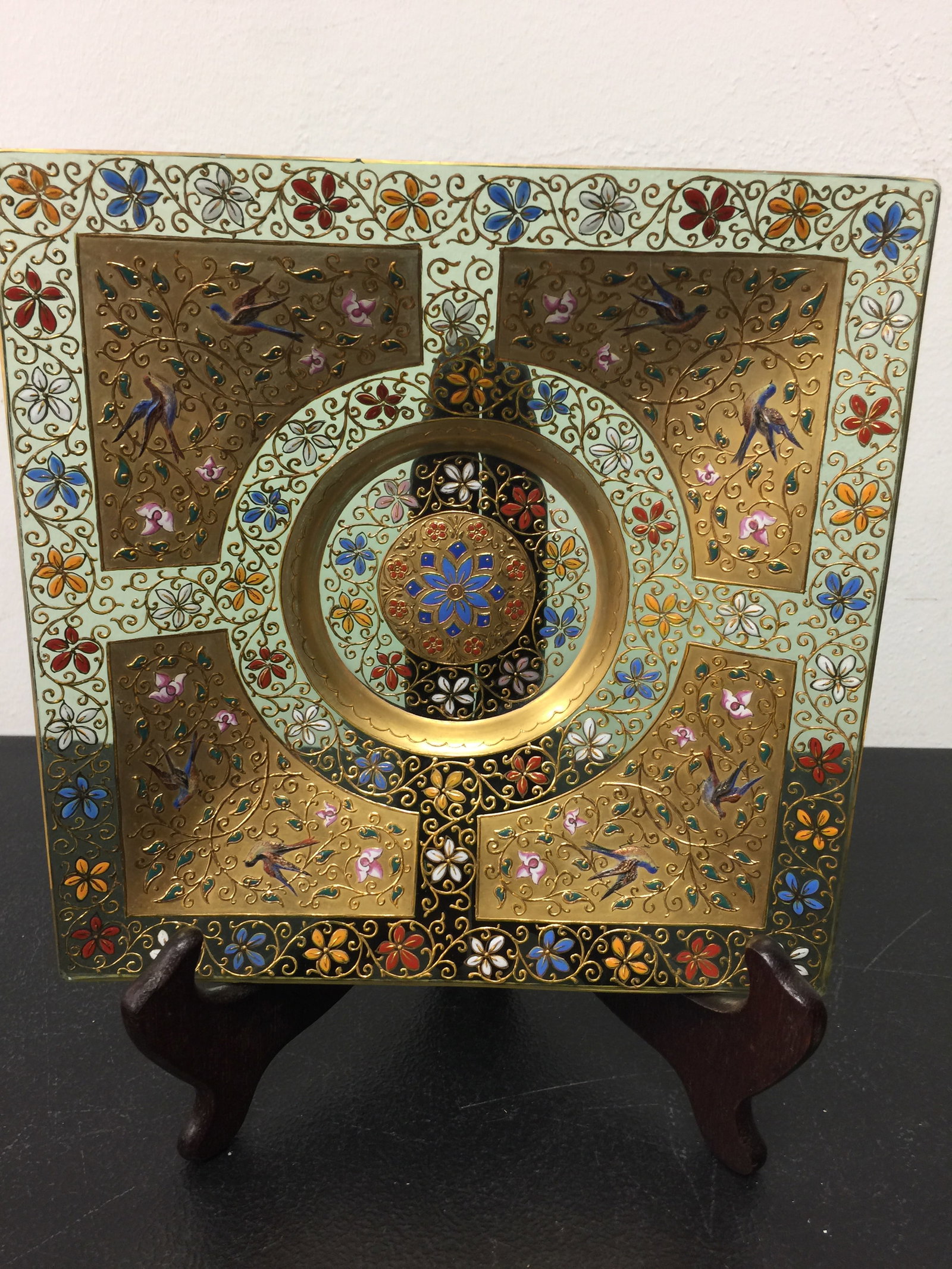 Victorian Moser Raised Enamel: Green plate with gold gilt raised bird decoration. 8" x 8".