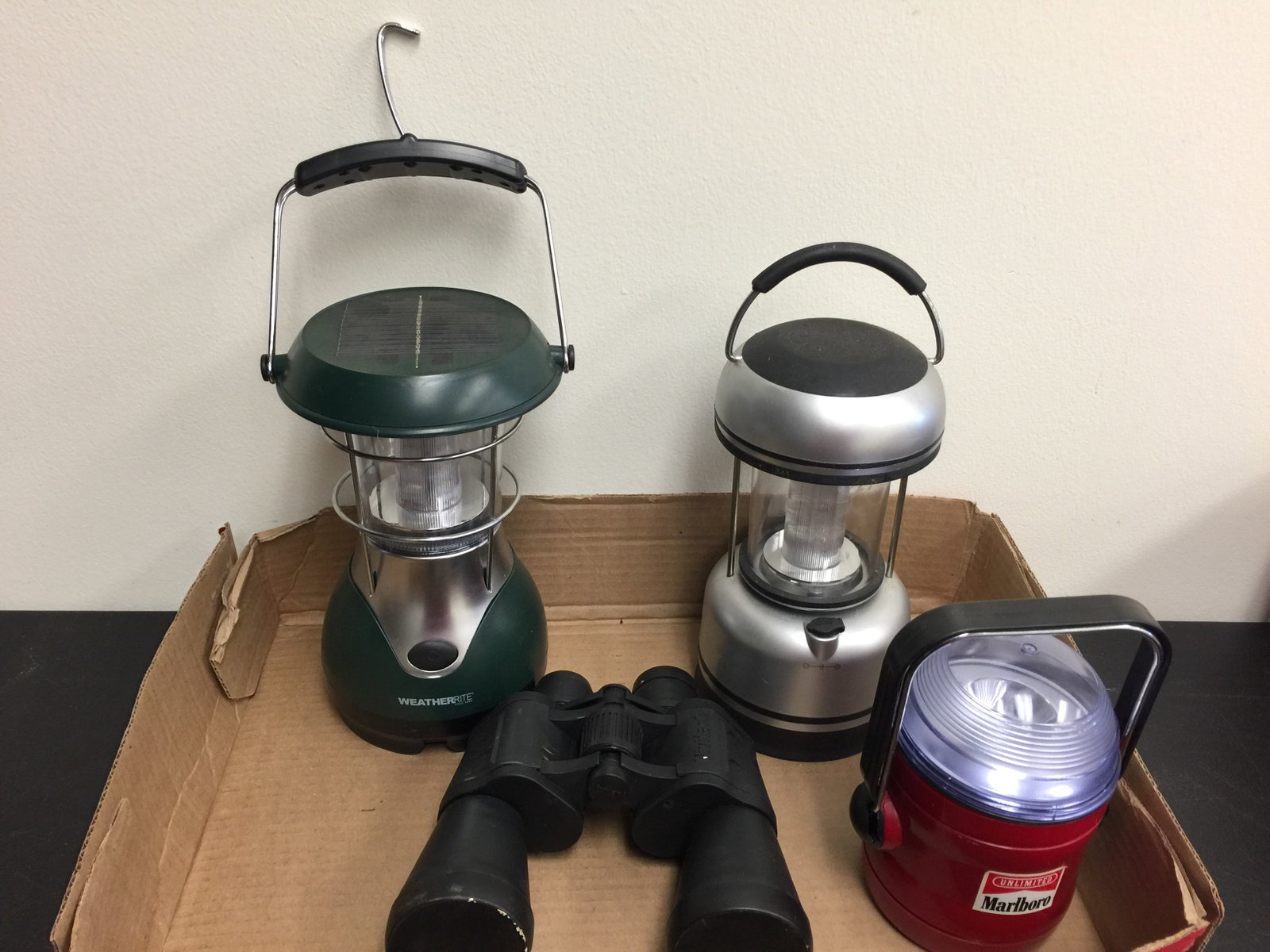 Lights & Binoculars: Tallest lantern 10" H. Includes a pair of Vivitar binoculars.