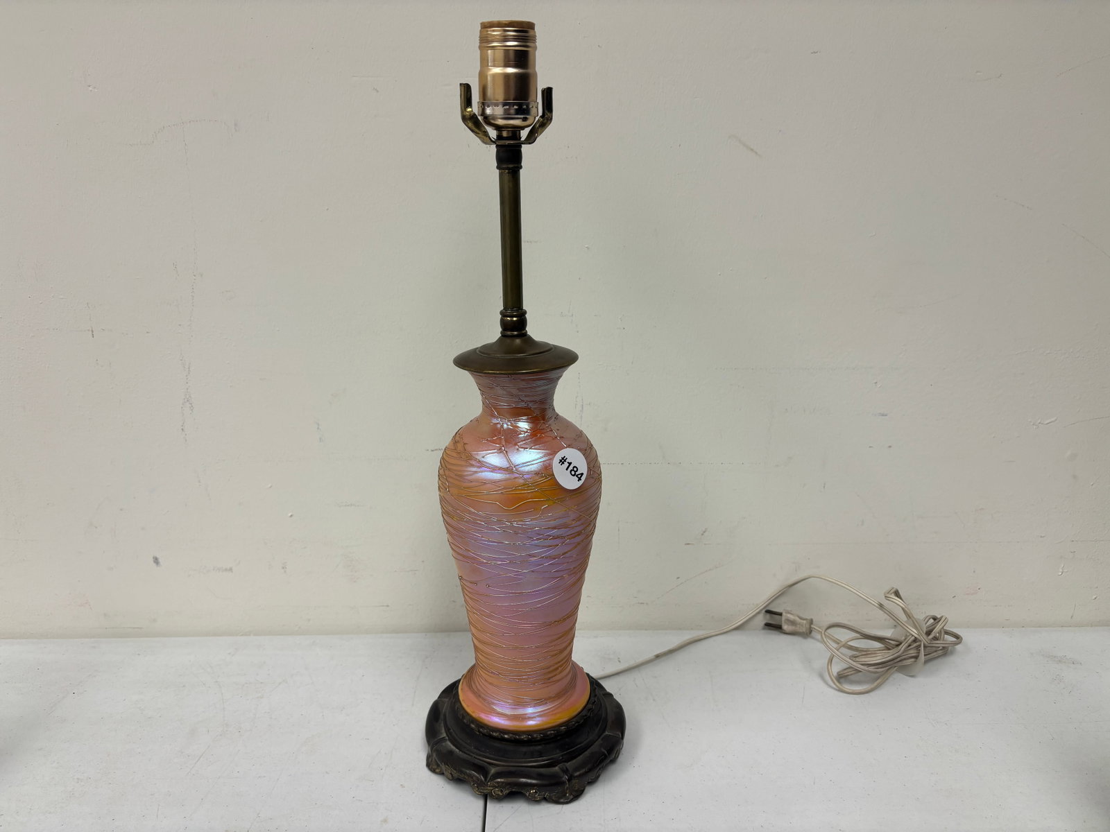 Aurene Iridescent Art Glass Lamp Vase: unsigned(disassembled), threaded decoration, 19"H.