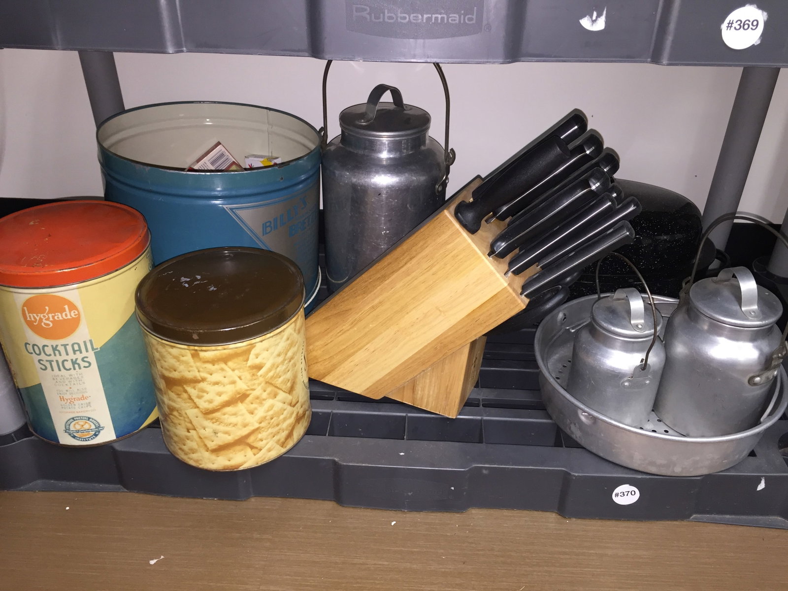 Knives and Tinware: german knife set, vintage tinware.