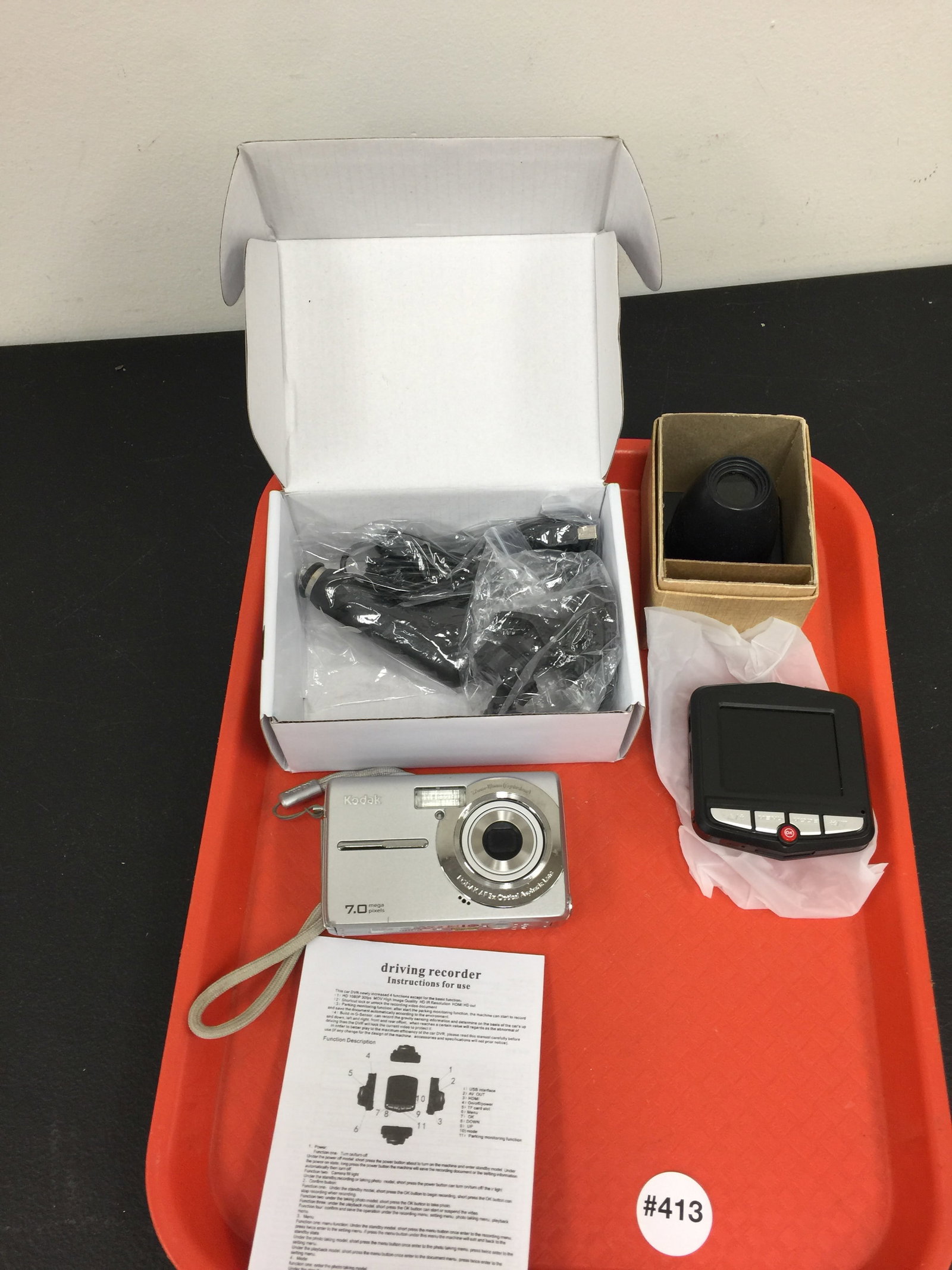 Camera Lot: dash camera NIB, kodak camera.