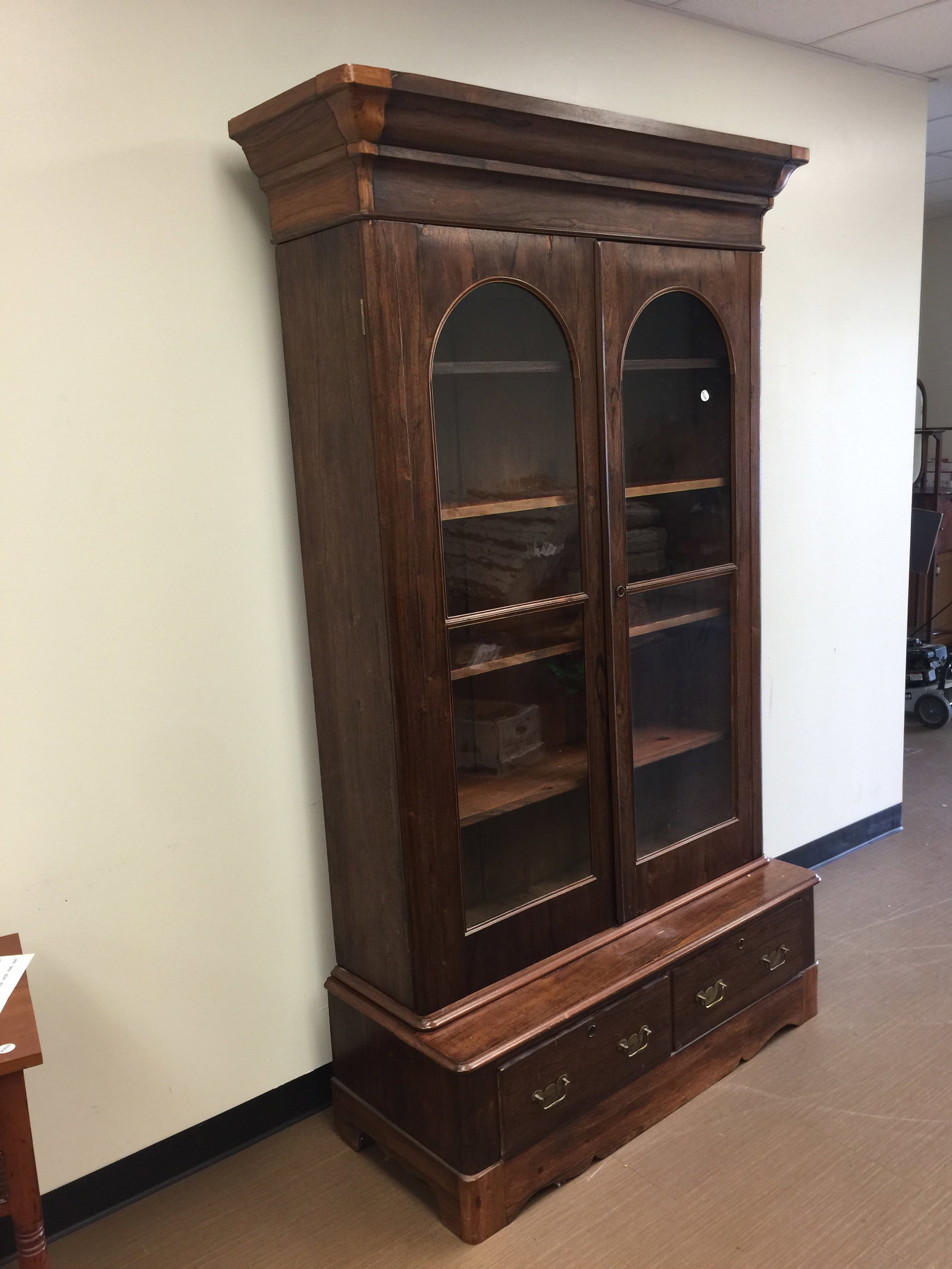 Beautiful Victorian Bookcase: three parts, has key, dovetail drawers, mixed wood, original hardware. 49"x20"x88".