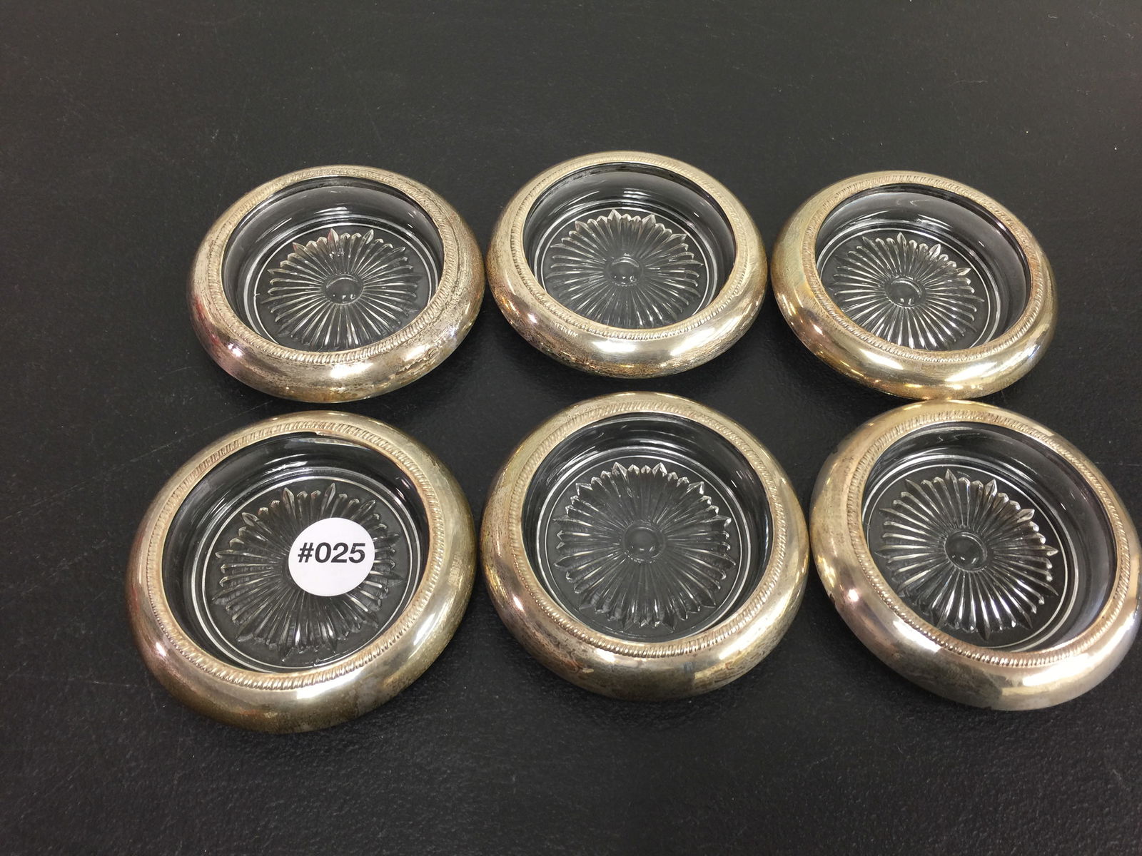 6 Sterling Rimmed Coasters: 4" W