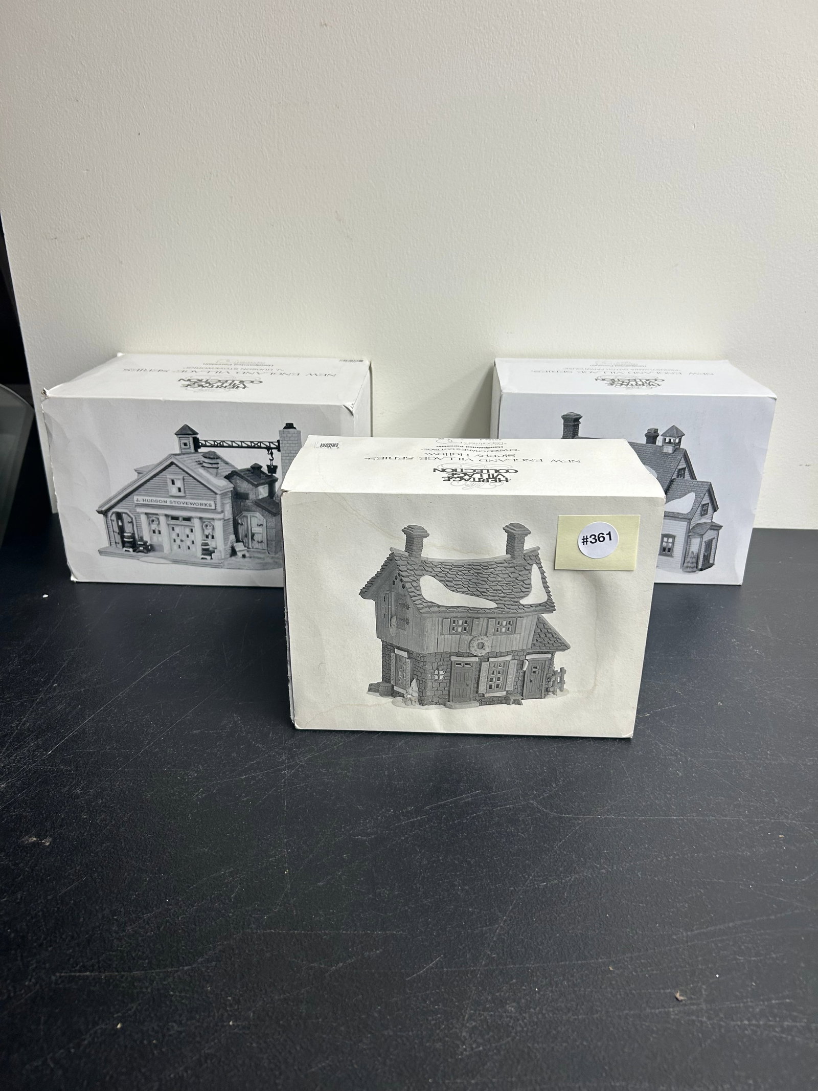 3 Department 56 New England Village Series: includes Ichabod Crane's Cottage, Pennsylvania Dutch Farmhouse, J. Hudson Stoveworks all in original boxes