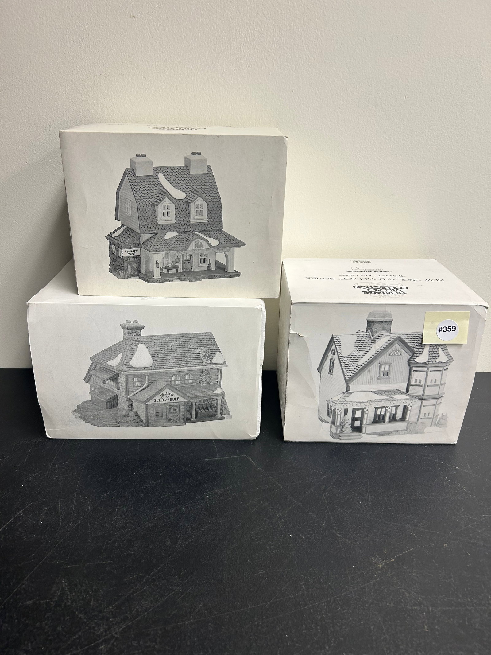 3 Department 56 New England Village Series: includes Thomas T. Julian House, Bluebird Seed and Bulb, Sleepy Hollow all in original boxes