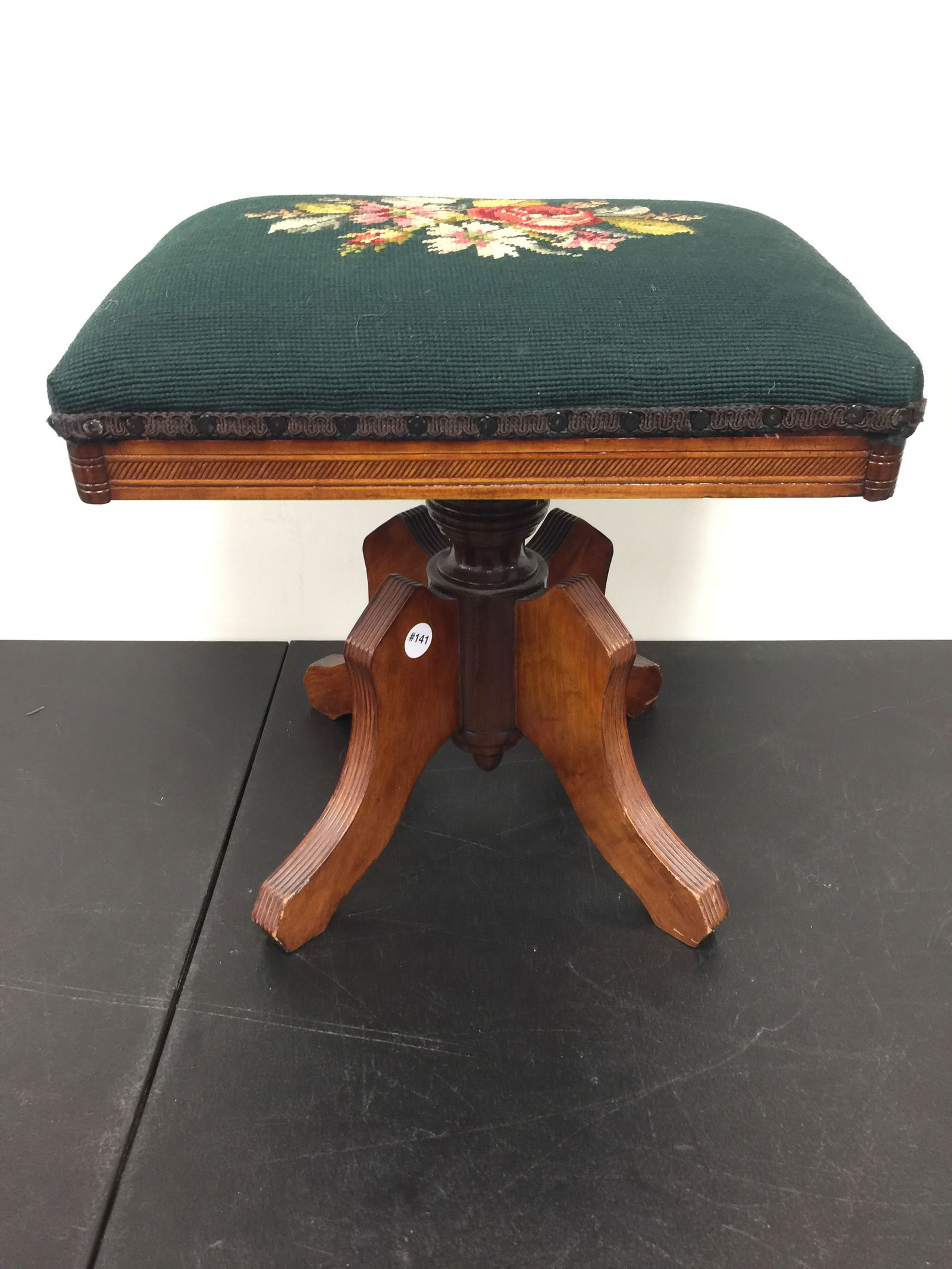 Antique Organ Stool: has adjustable needle point seat, 16" x 18"