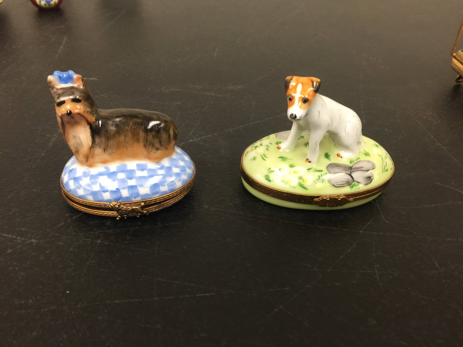 (2) Limoges Peint Main France Boxes: wo dogs, largest 3"W.