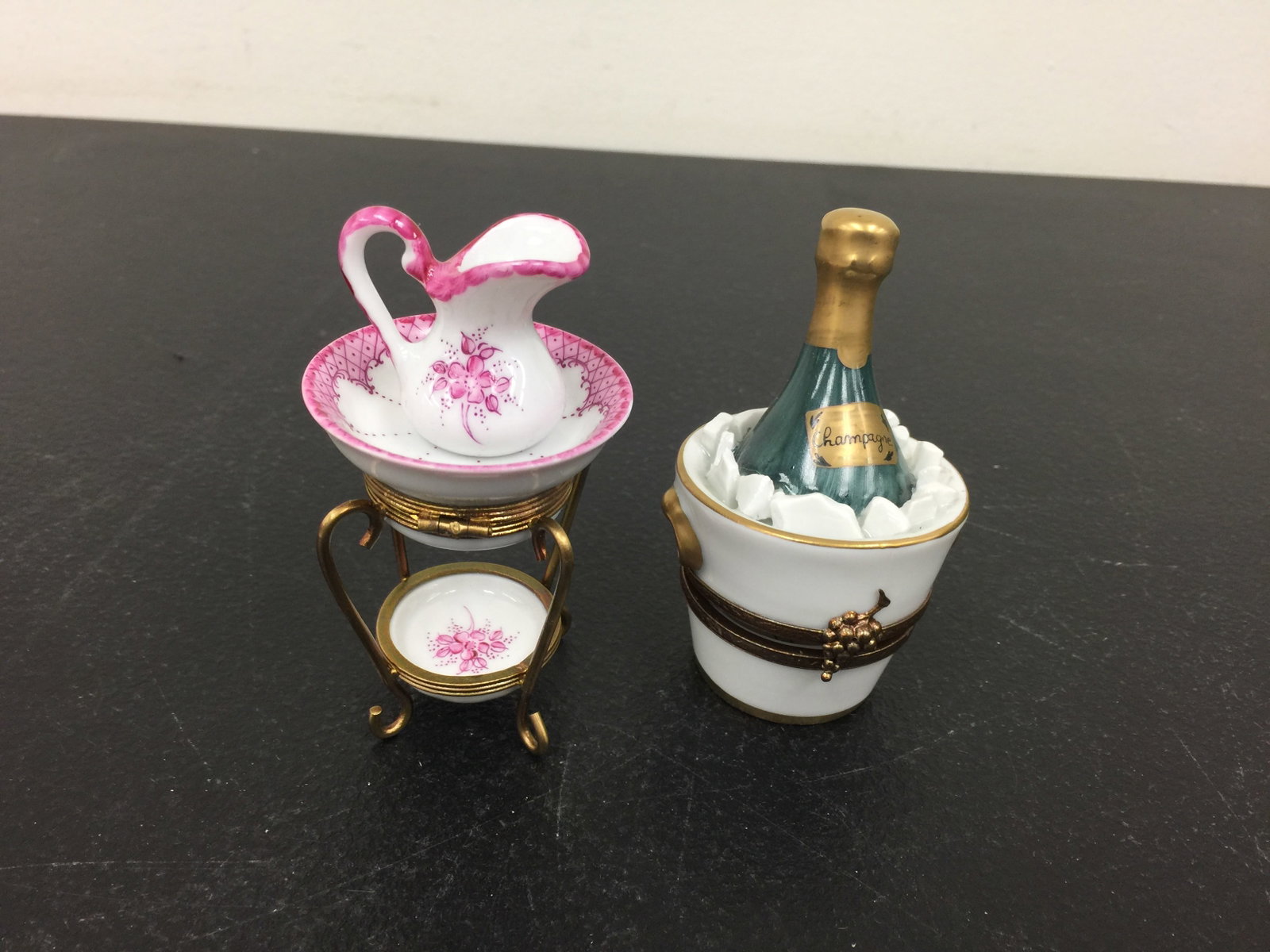 (2) Limoges Peint Main France Boxes: champagne and wash bowl, largest 3"H.
