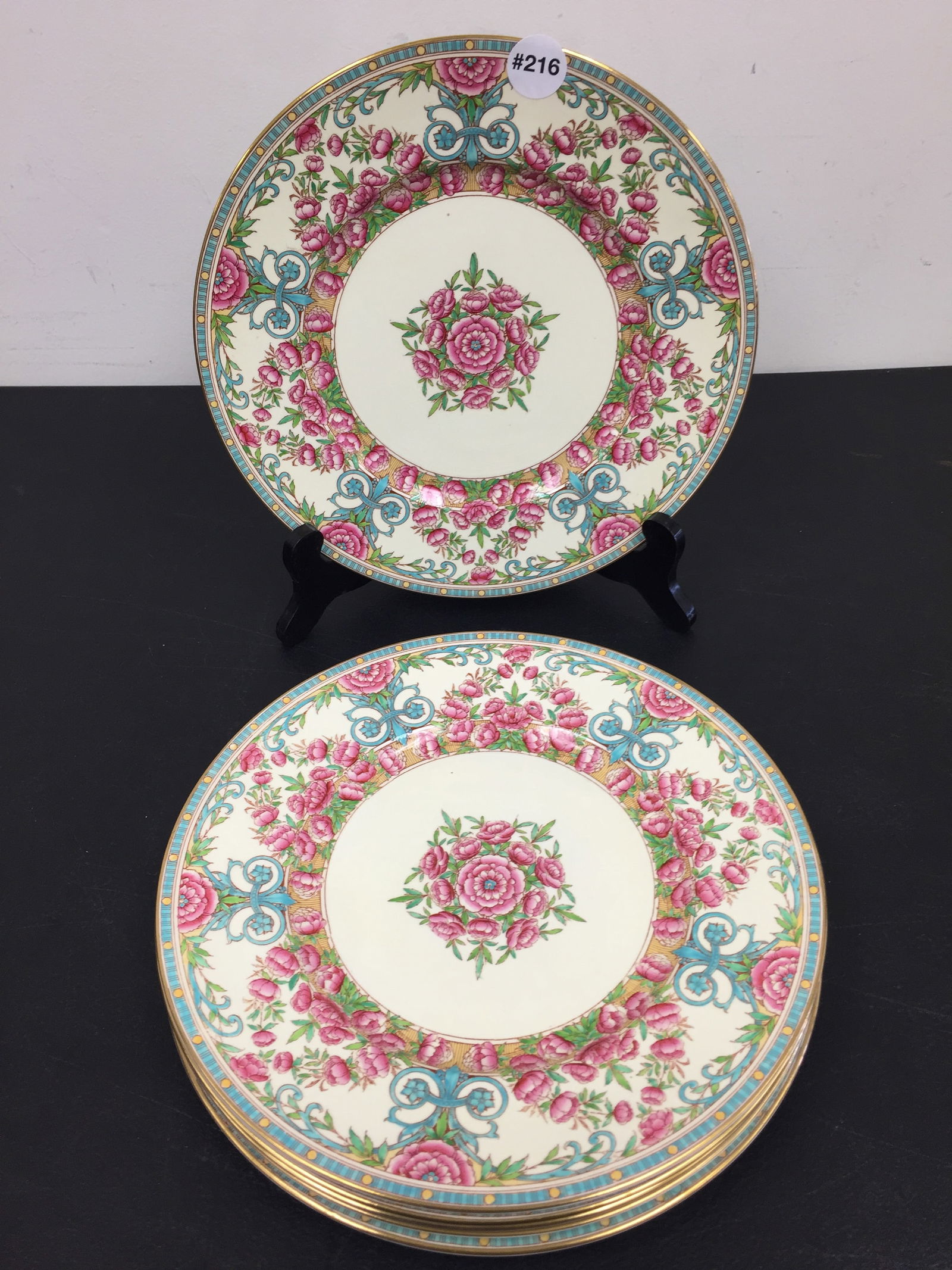 Set of 6 Hand Painted Dinner Plates: 10.5" round. Raised floral decoration.