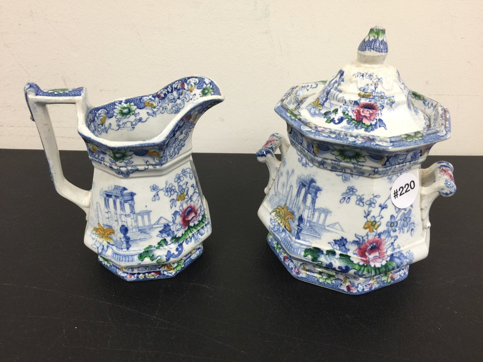 Cleopatra Transferware Creamer & Sugar: Creamer 5.5" H, 7" H matching sugar.