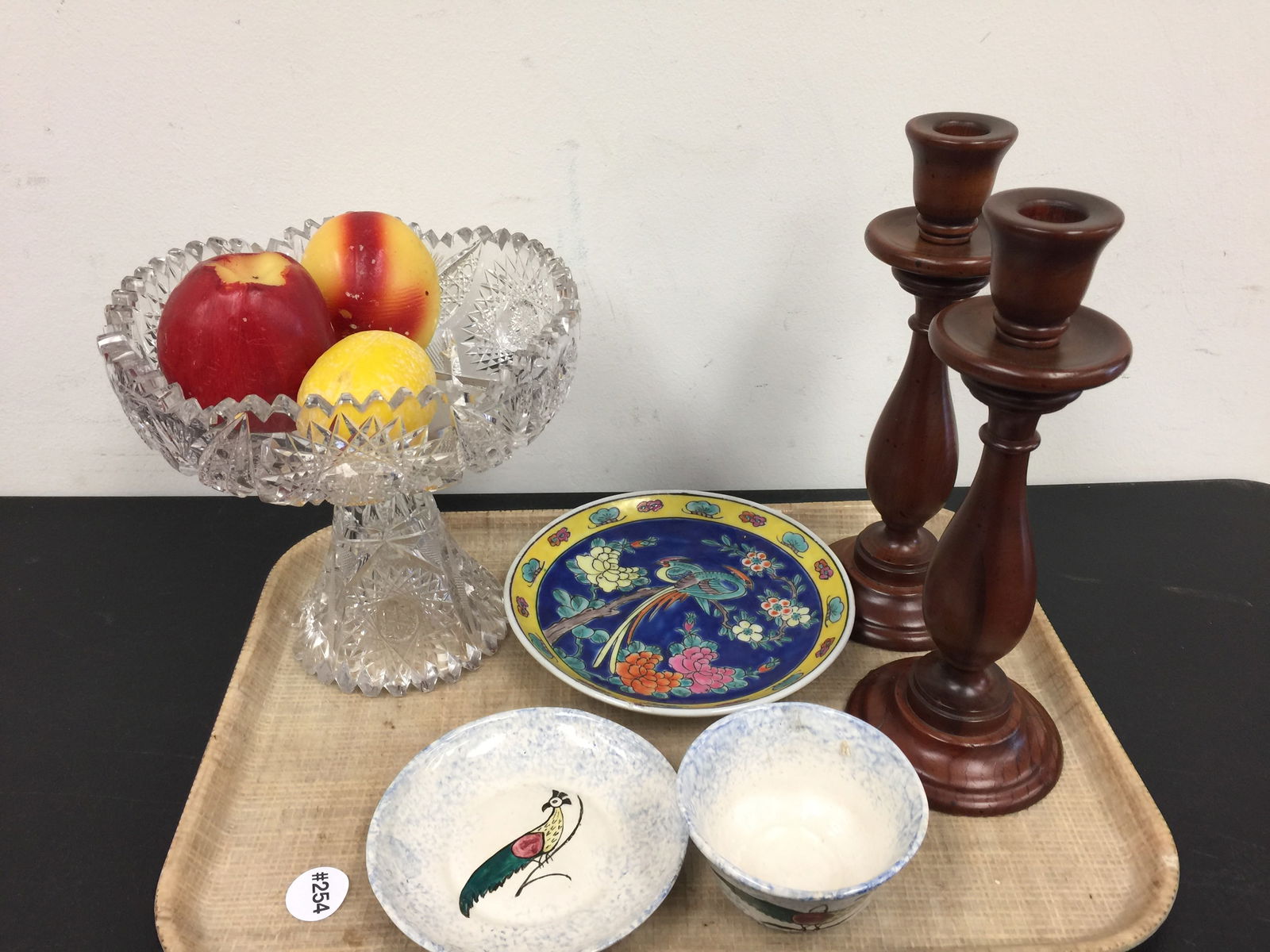 Mixed Lot: Includes cut glass 8" H compote, a modern peacock transfer cup & saucer, wooden candlesticks, plus.