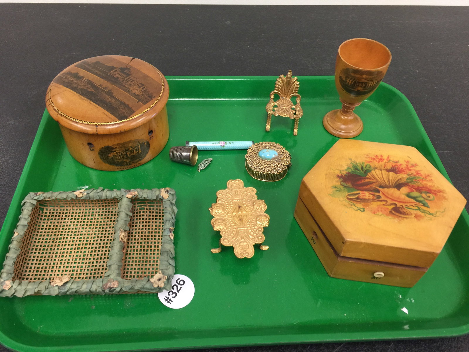 Mixed Lot: two antique boxes with an egg cup plus. Largest 5"W.