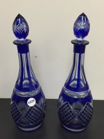 Pair Bohemian Cobalt Cut to Clear Decanters