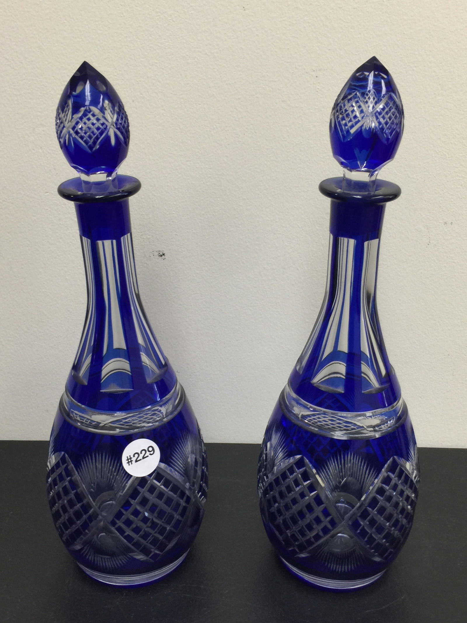Pair Bohemian Cobalt Cut to Clear Decanters (1 of 4)