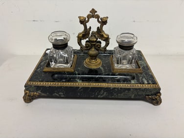 French Bronze and Marble Inkwell Stand