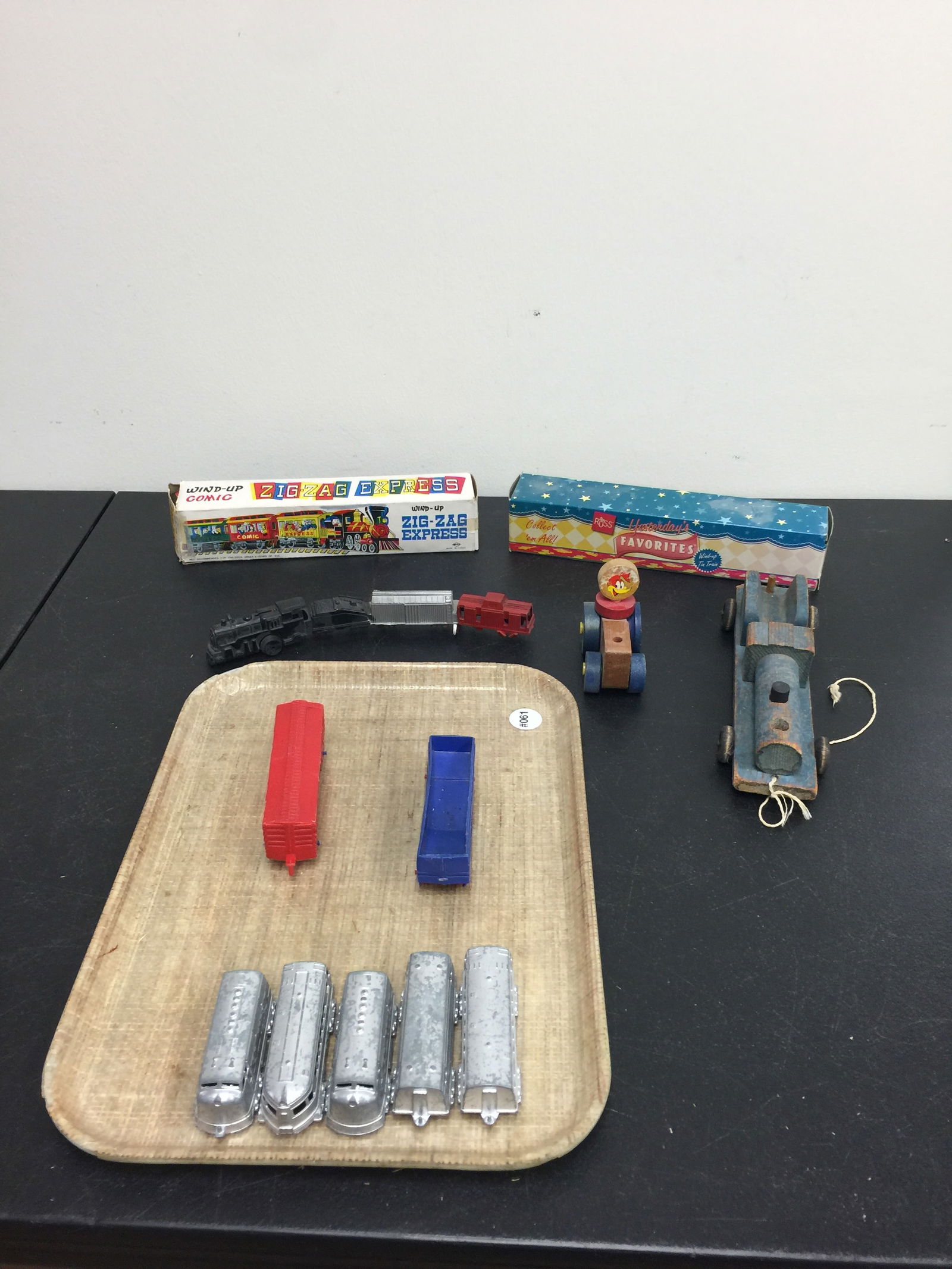 Vintage Toy Trains: some in OB, largest box is 12" selection of wood, metal, and plastic