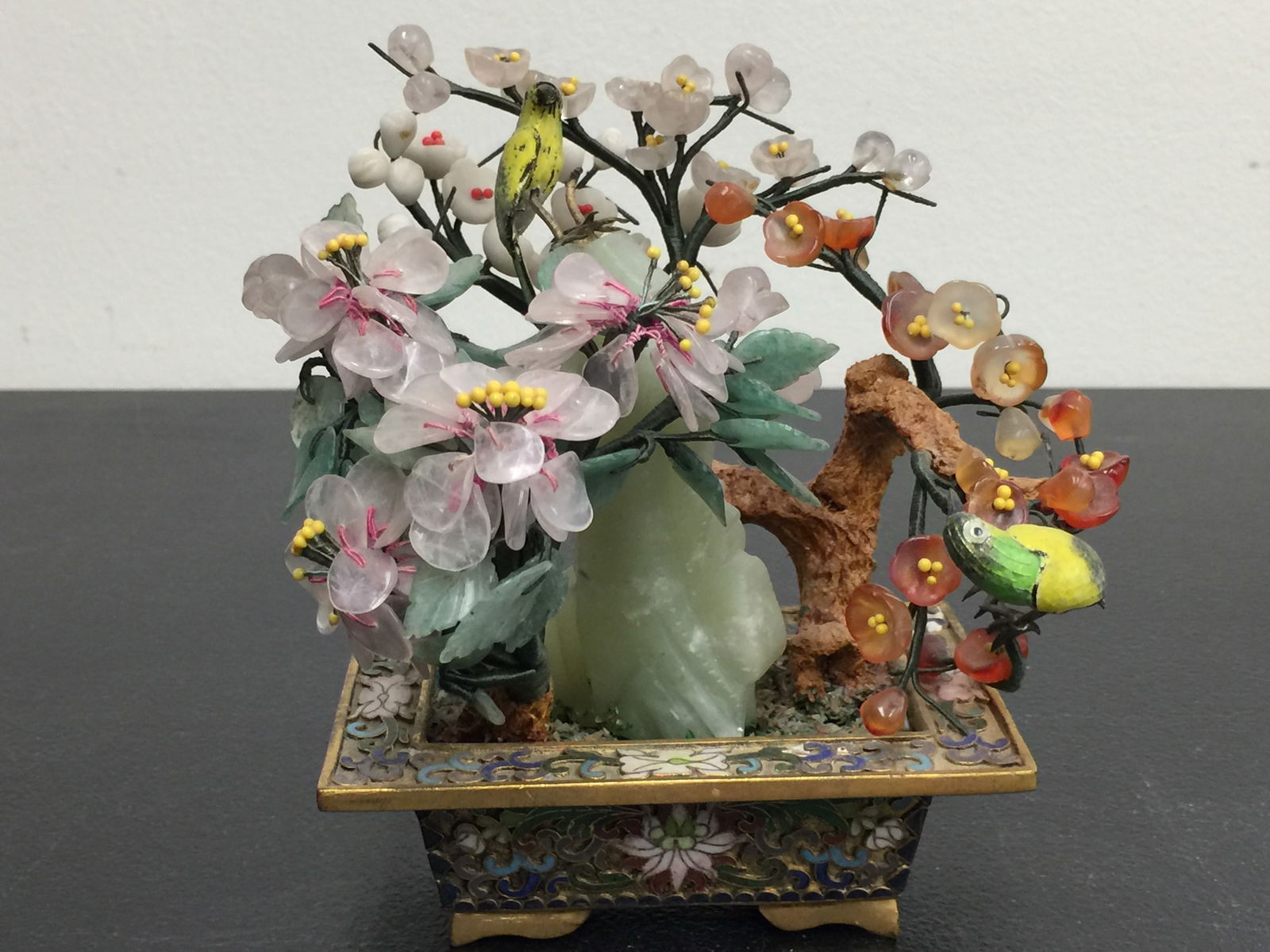 Cloisonne & Jade Bird Tree: 6" H.