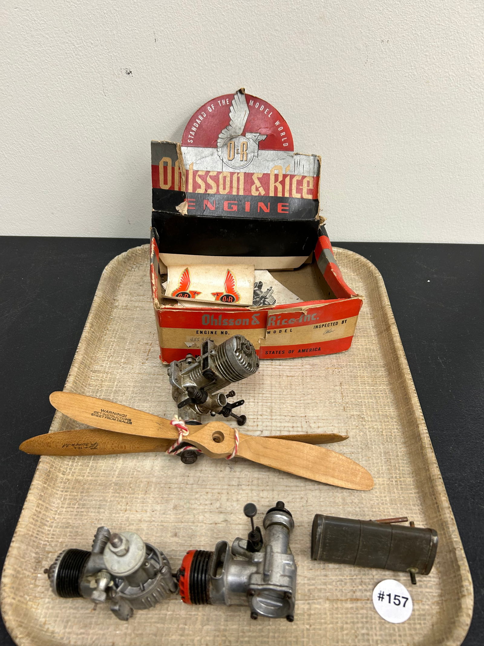 Vintage Toy Airplane Motors: includes 3 motors 1 is a Fox, also original cardboard advertising box 8" x 6"
