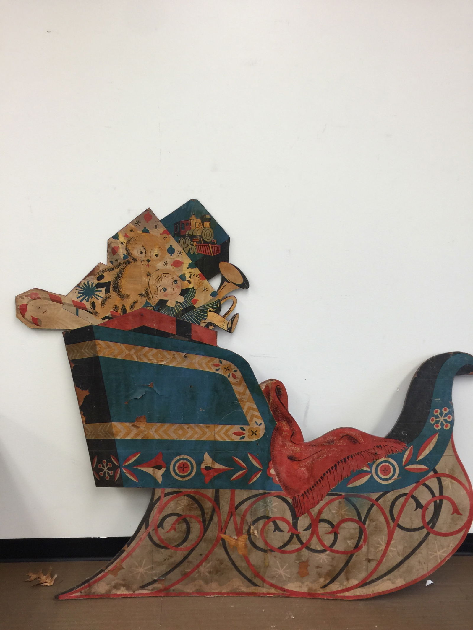 Vintage Wood Santa's Sled: 60" x 74" W, wood with applied paper