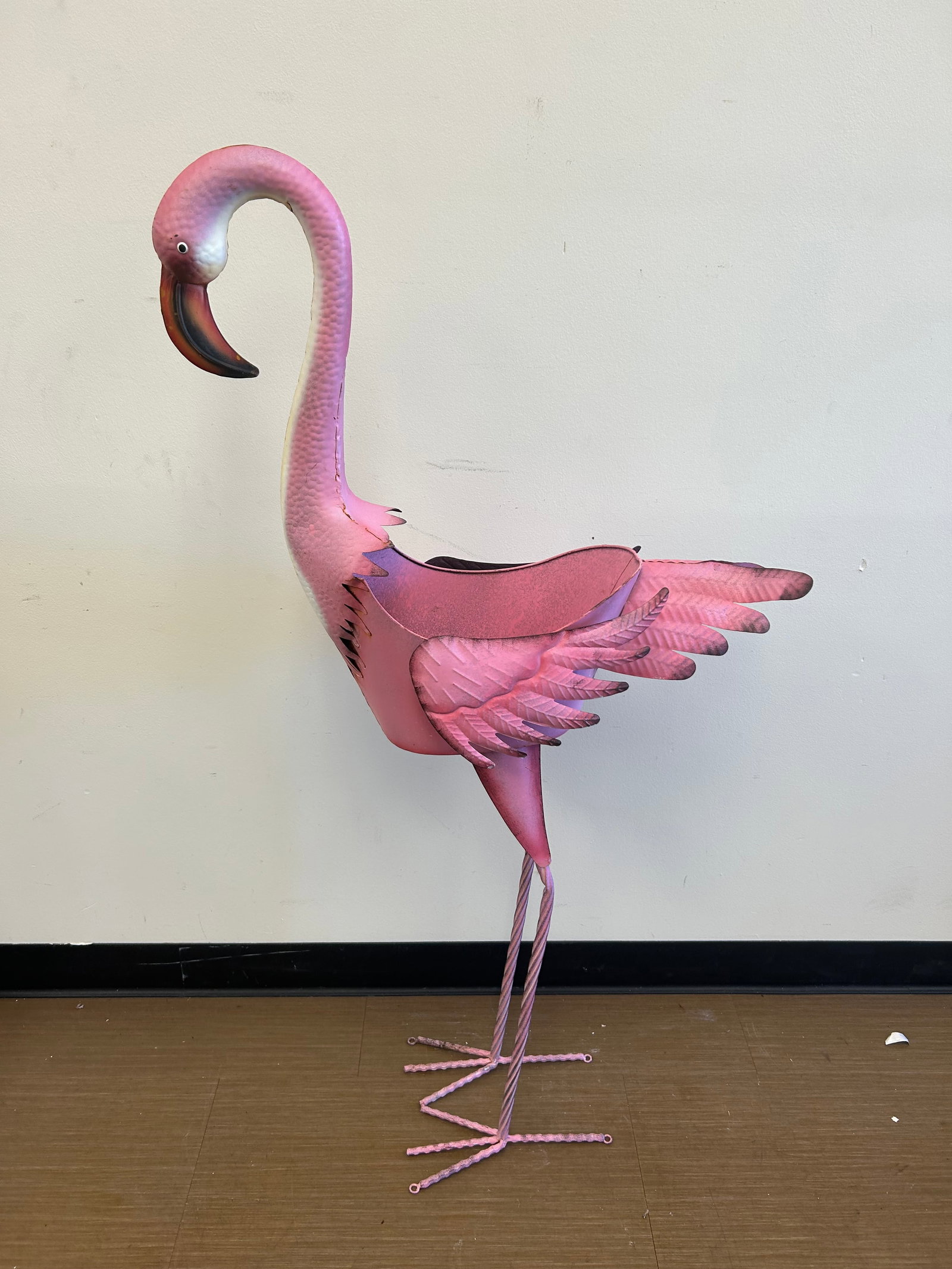 Metal Flamingo: 10" x 28" x 50". One piece.