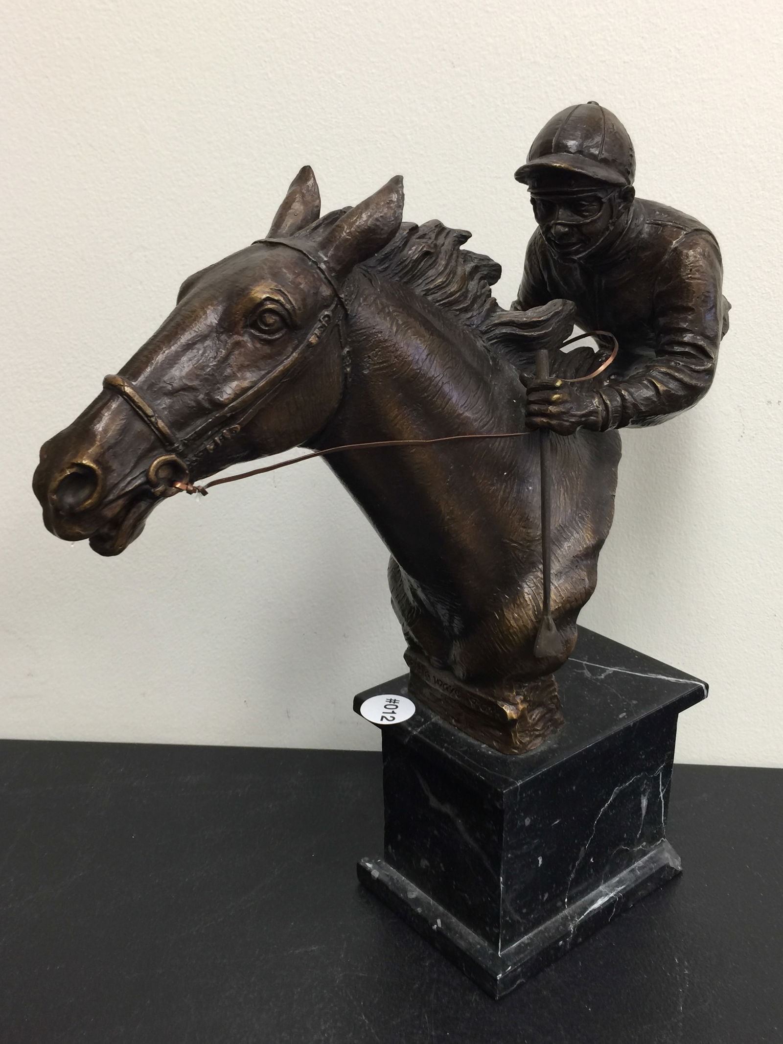 Horse Jockey Bronze: "Delaware Park", on marble base, 15"H.