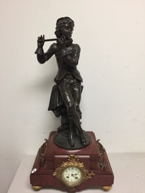 French Signed Bronze and Marble Figural Clock