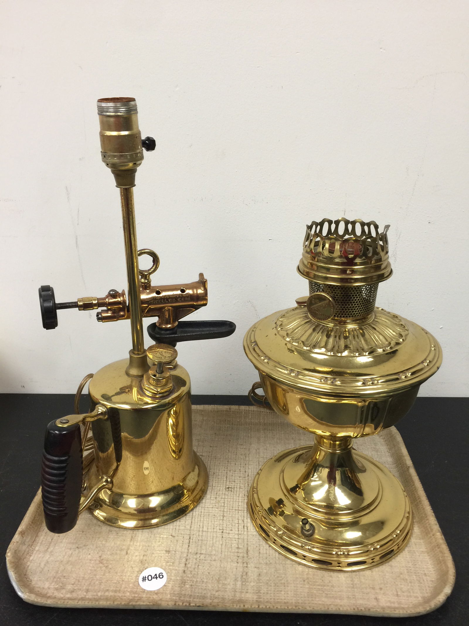 2 Brass Lamps: Aladdin & blow torch lamps. Largest 17".