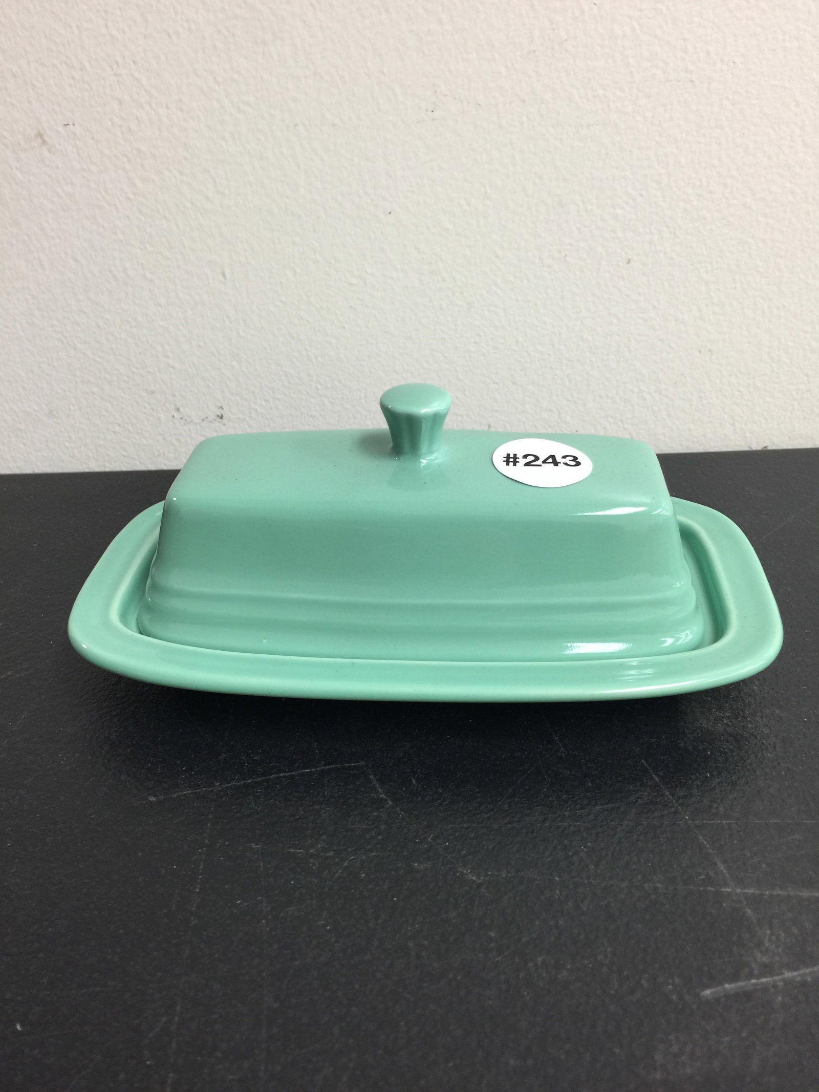 Fiesta Butter Dish: green in color, 7" x 3", marked on bottom
