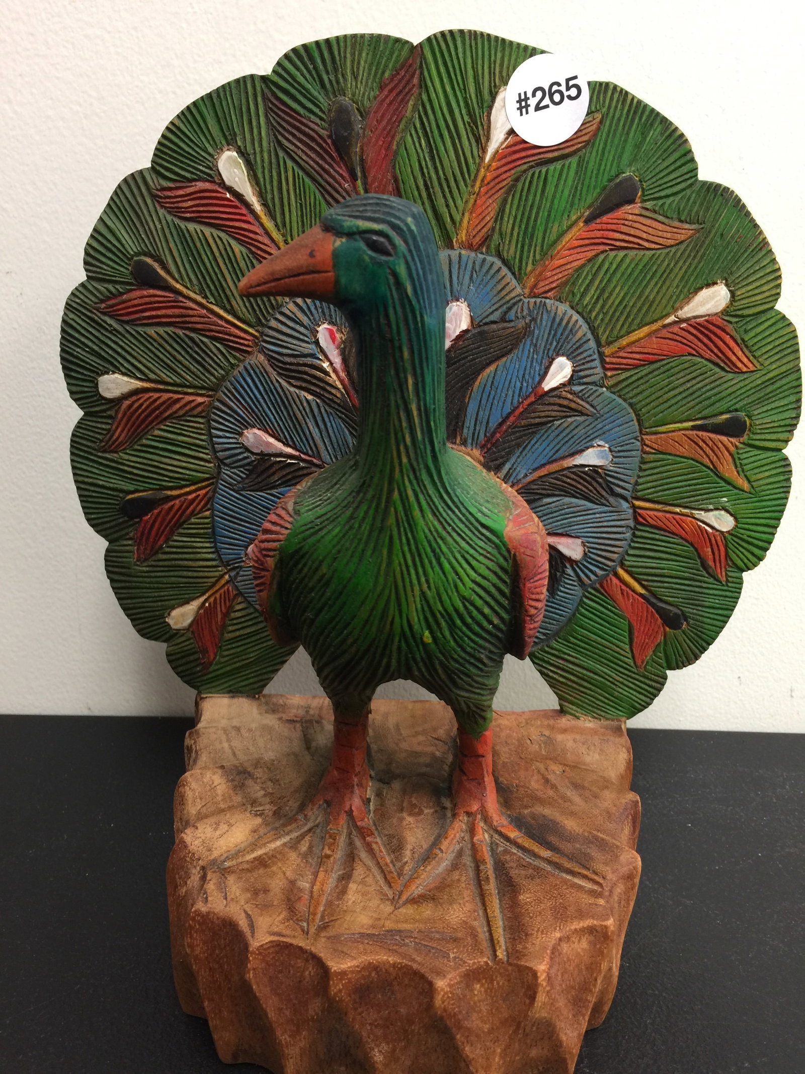 Folk Art Carved Peacock: 11" H