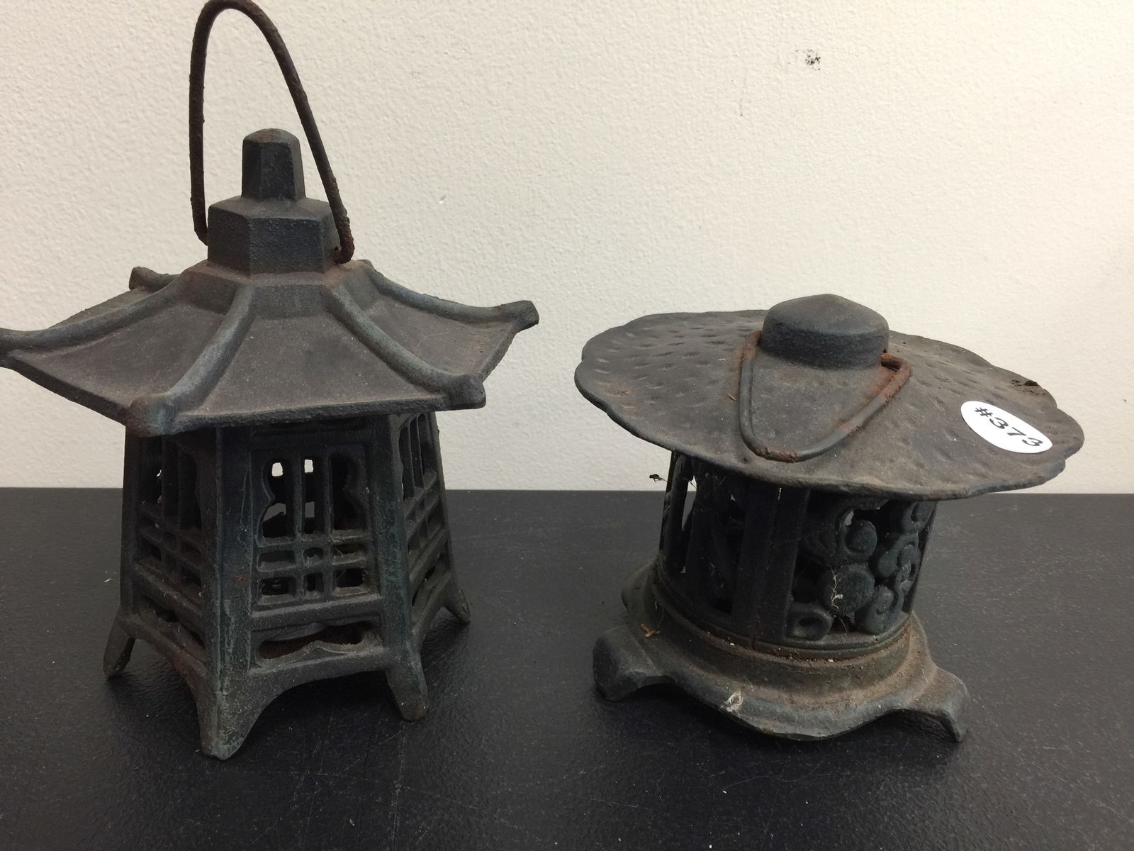 Pair of Cast Iron Pagoda Lanterns: Largest 6" H