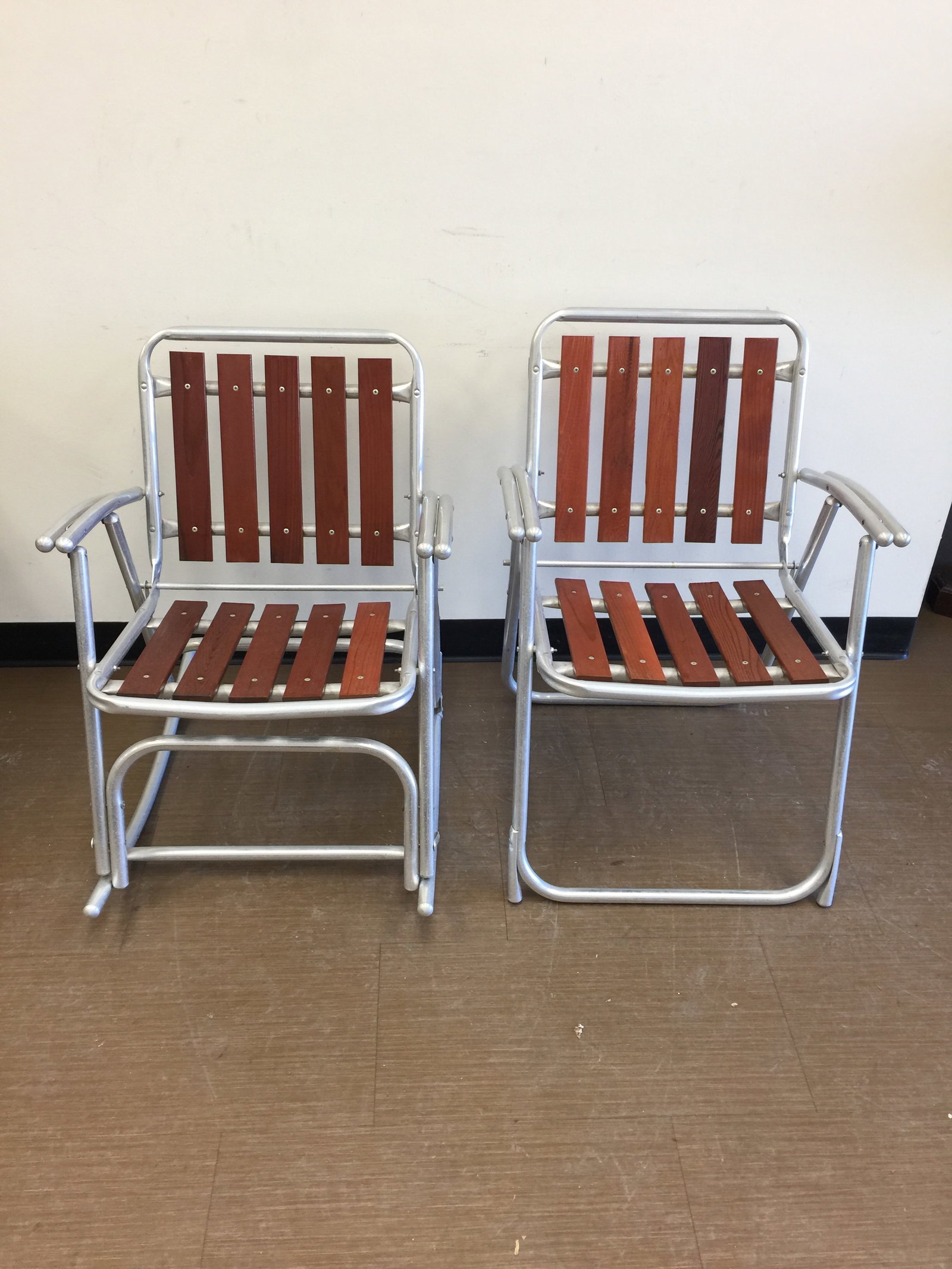 MCM Aluminum Rocker & Chair: Both have wooden slats with aluminum frames. Chair 23" x 24" x 31". Rocker 23" x 30" x 31".