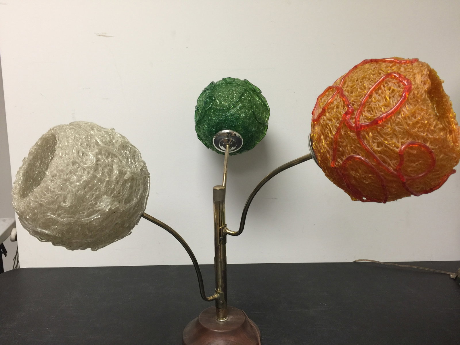 Mid Century Fiber Glass Three Arm Lamp: fiber glass spaghetti shades, 26"x28".