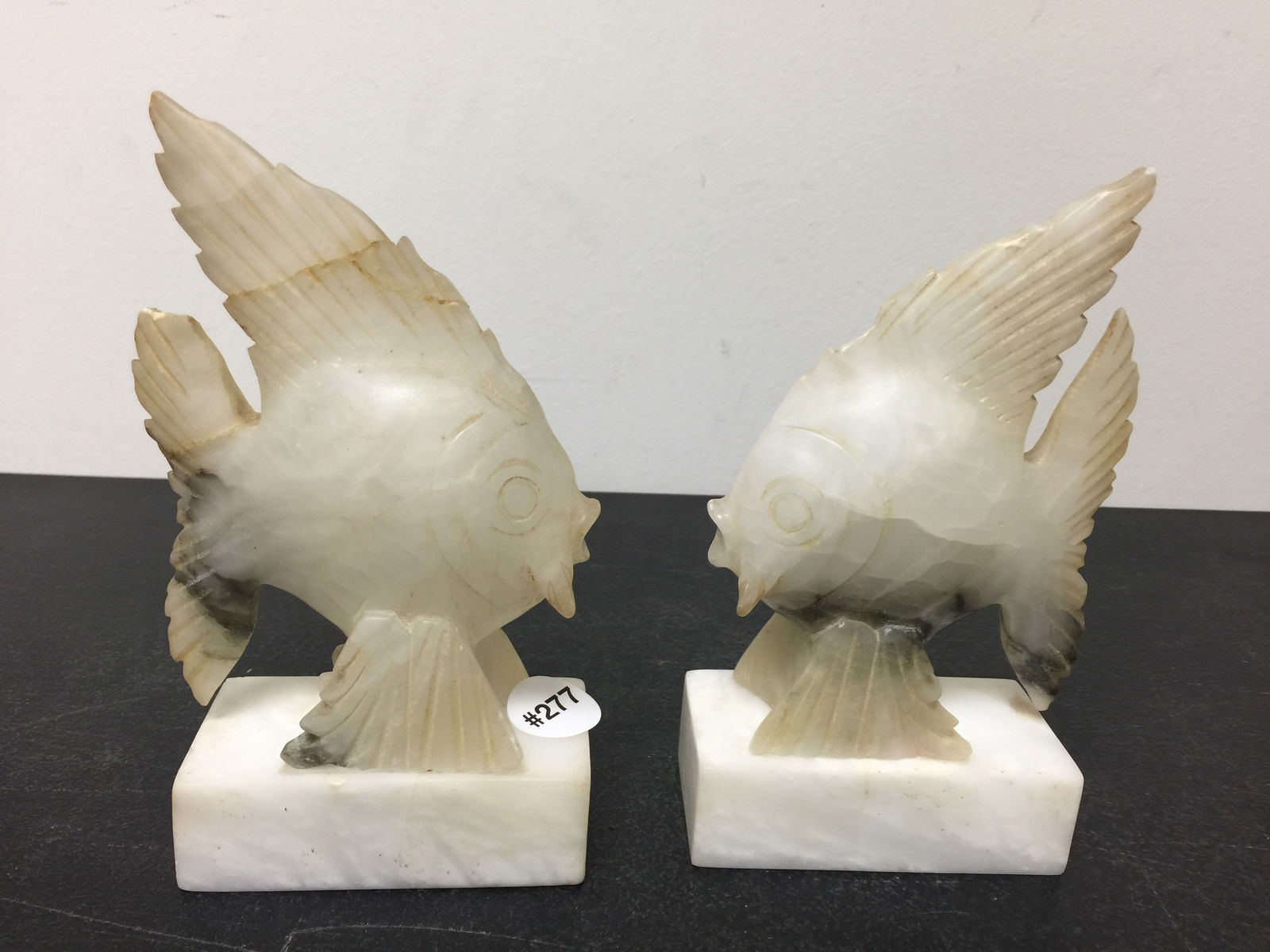 Carved Alabaster Fish Bookends: 7"H.