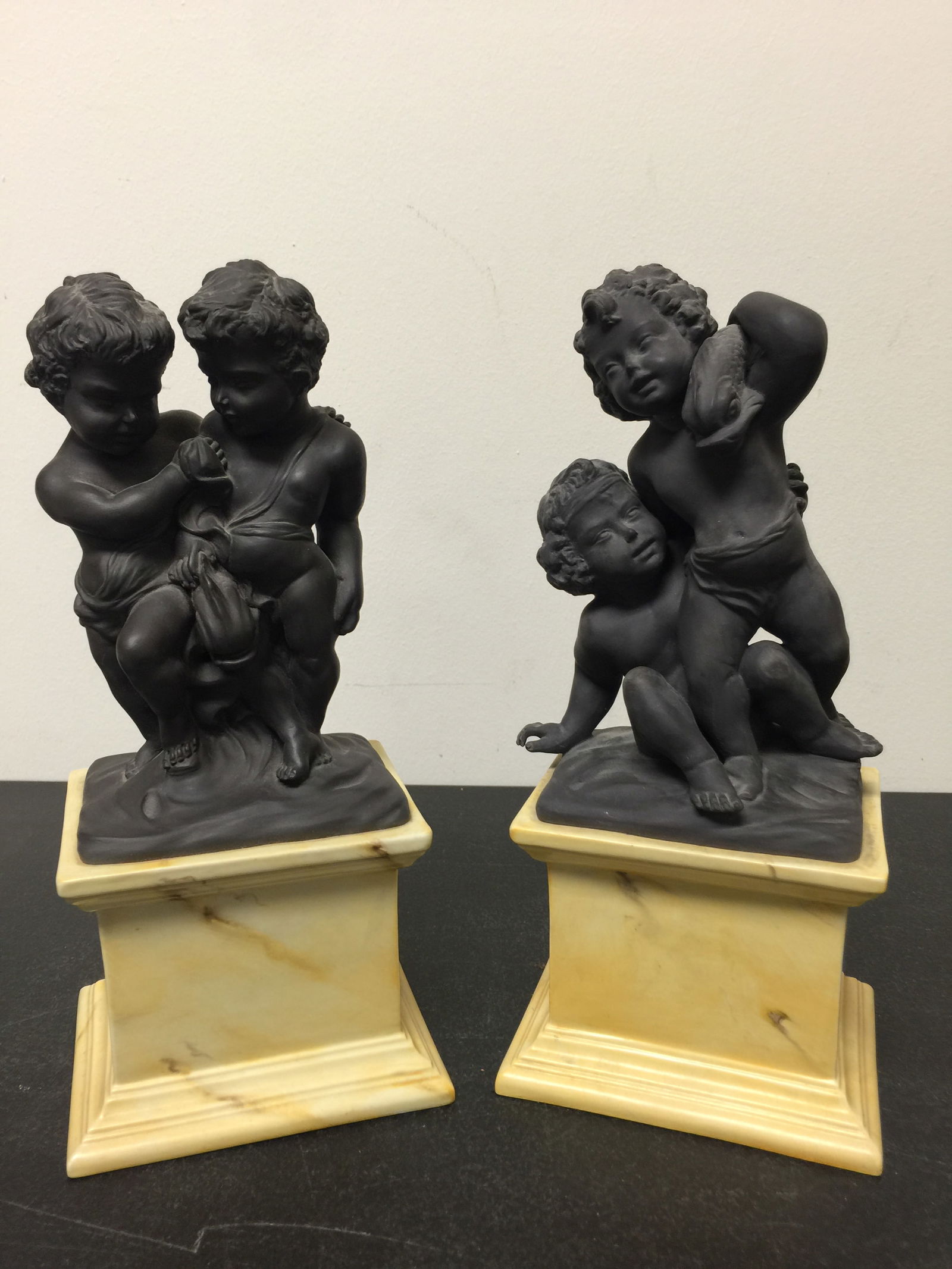 Pair Mottahedeh Basalt Figures Mid Century: marked, 10.25"H.